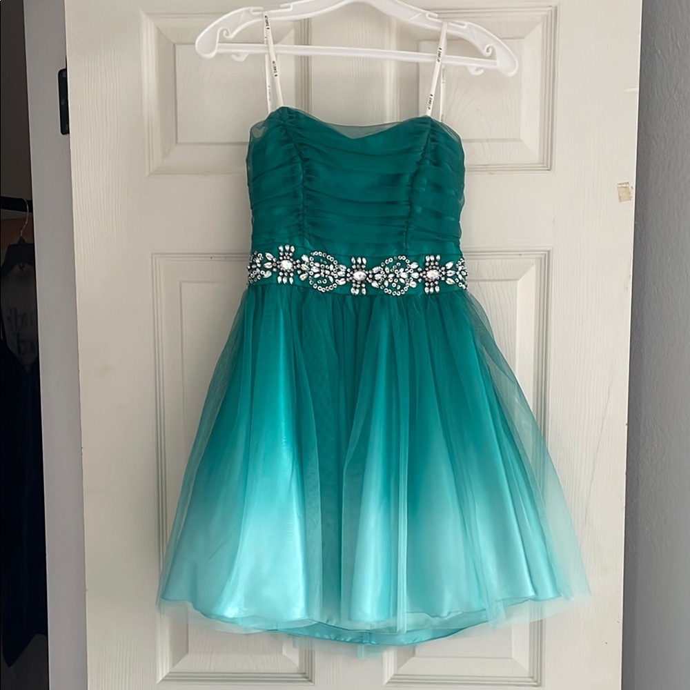 Teal Ombre A-line Sleeveless Spaghetti Strap Prom Dress